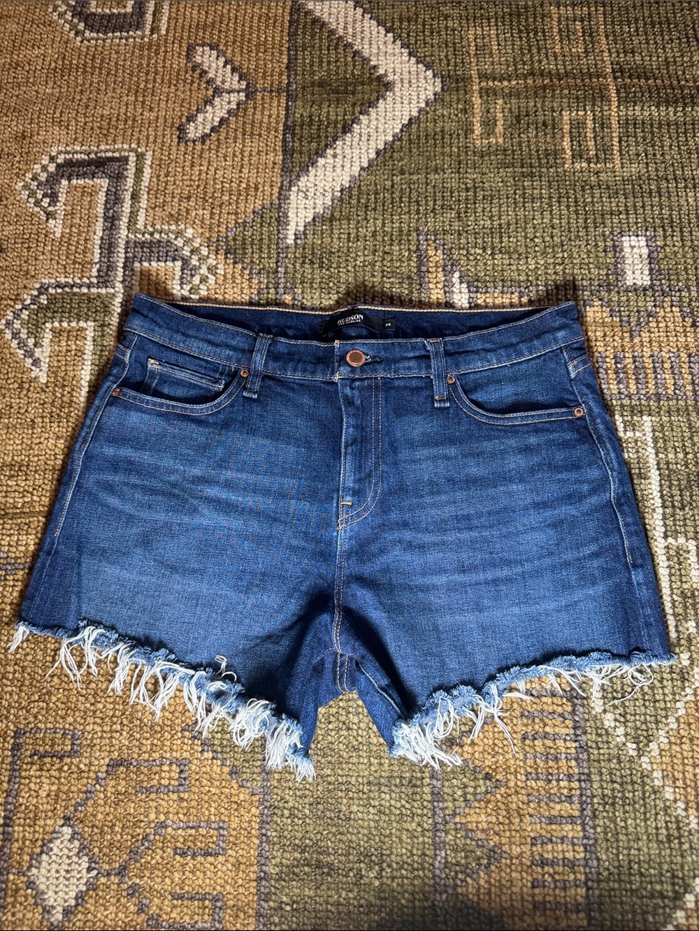 Hudson Dark Blue Denim Cutoff Shorts with Frayed Hem
